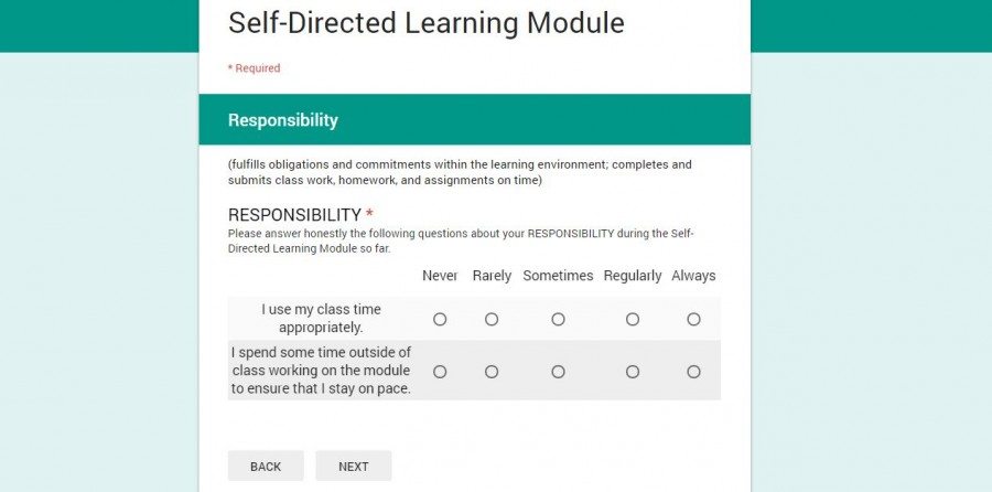 Students had to reflect upon their learning skills and work habits after each section of the module. (Click the image to view the entire Self-Assessment form.)