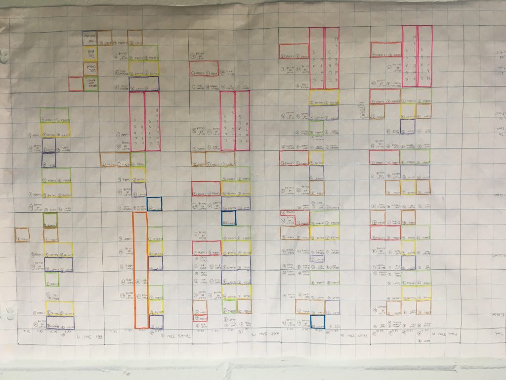 A one-week schedule with coloured blocks indicating times and spaces for presentations, review sessions, conferencing, and final exams.