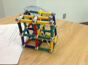 Student-built 3-d coordinate system. See the vector toothpicks attached with play-doh?!